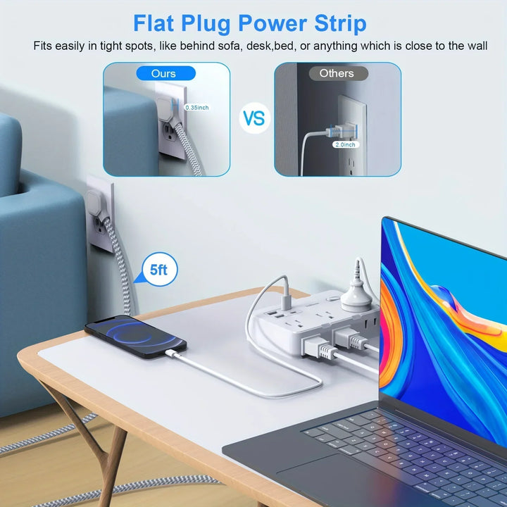 Smart home strømledning med USB hurtigopplading | US-plugg AC-utgang med vevd forlengelseskabel og nettverksfilter | Skanto