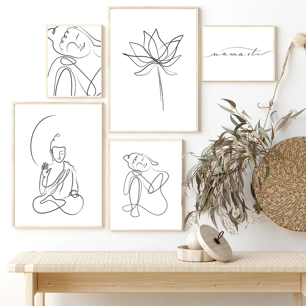 Minimalist Buddha Poster Lotus Wall Art Line Art Fine Art Canvas Prints Inspiring Meditation Pictures for Living Room Lounge Spa Wall Decor | Skanto