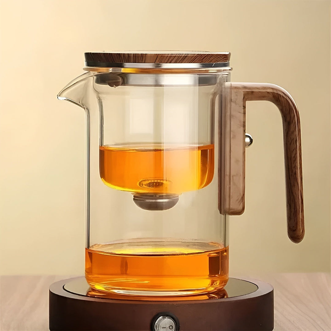 Glas tekanne med trebhandle – Én-klikks filter | Perfect for løs te & Puer | Skanto