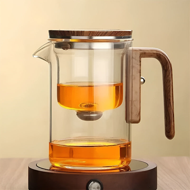 Glas tekanne med trebhandle – Én-klikks filter | Perfect for løs te & Puer | Skanto