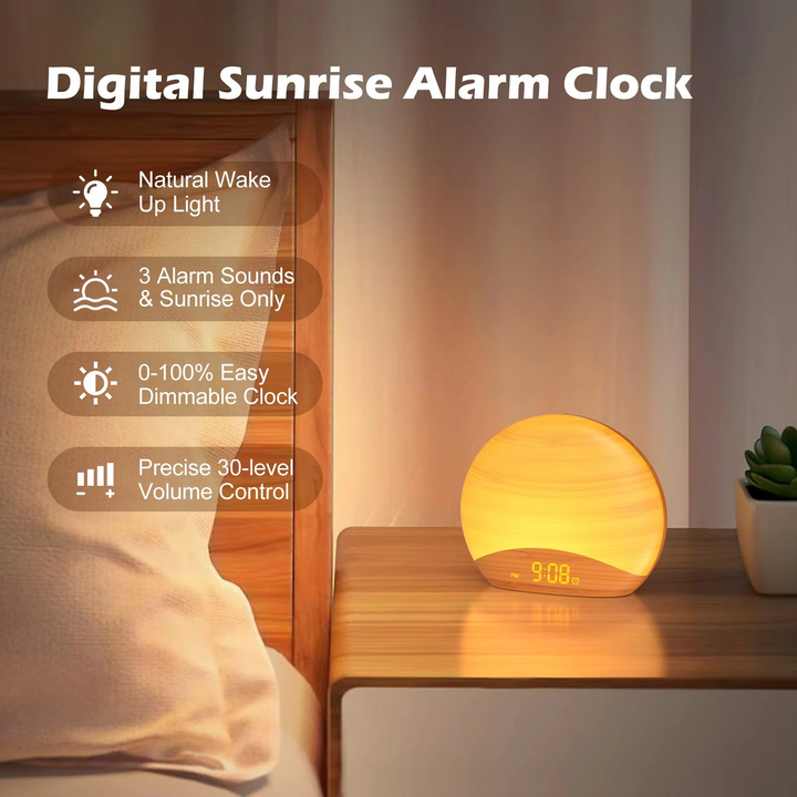 Skanto | Sunrise Wake-Up Light Alarmklokke med 8 farger, 26 søvnlyder og tregrainedesign