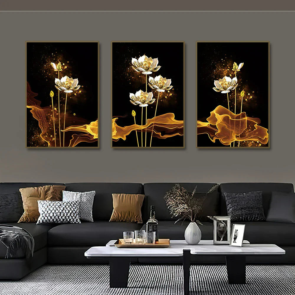 Set of 3PCs White Golden Lotus Exotic Flower Wall Art Fine Art Canvas Prints Exotic Botanical Pictures for Luxurious Living Room Dining Room Bedroom Art Decor | Skanto