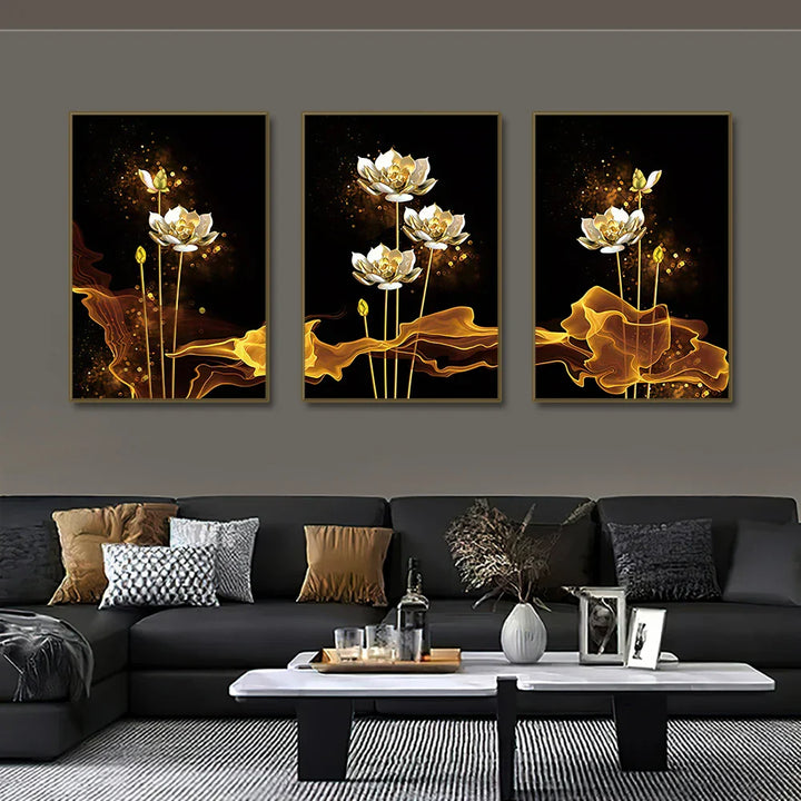 Set of 3PCs White Golden Lotus Exotic Flower Wall Art Fine Art Canvas Prints Exotic Botanical Pictures for Luxurious Living Room Dining Room Bedroom Art Decor | Skanto