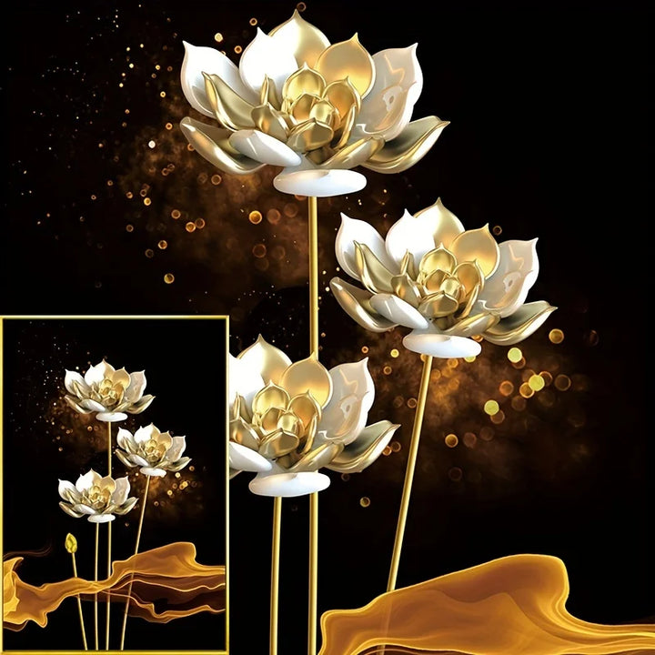 Set of 3PCs White Golden Lotus Exotic Flower Wall Art Fine Art Canvas Prints Exotic Botanical Pictures for Luxurious Living Room Dining Room Bedroom Art Decor | Skanto