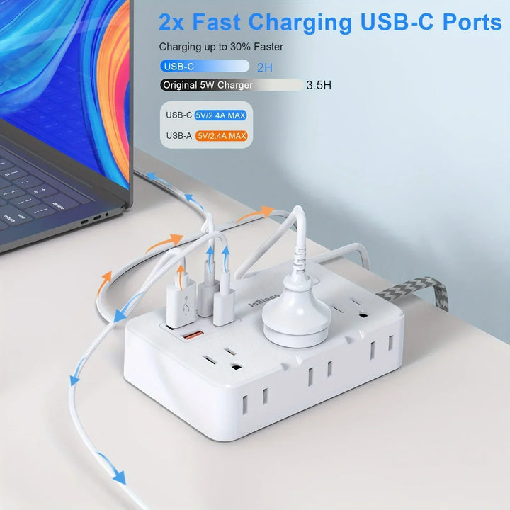 Smart home strømledning med USB hurtigopplading | US-plugg AC-utgang med vevd forlengelseskabel og nettverksfilter | Skanto