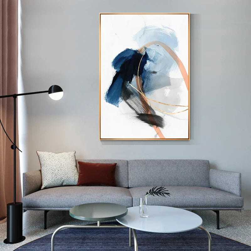 Modern Abstract Thick Stroke Wall Art Fine Art Canvas Print Blue Beige With Hints of Orange Gold Nordic Pictures for Living Room Decor | Skanto