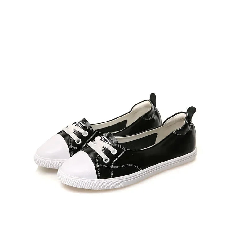 Skanto | 100% Ekte Lær Sko Kvinner Flate Casual Sko Myk Ku skinn Hvite Flats