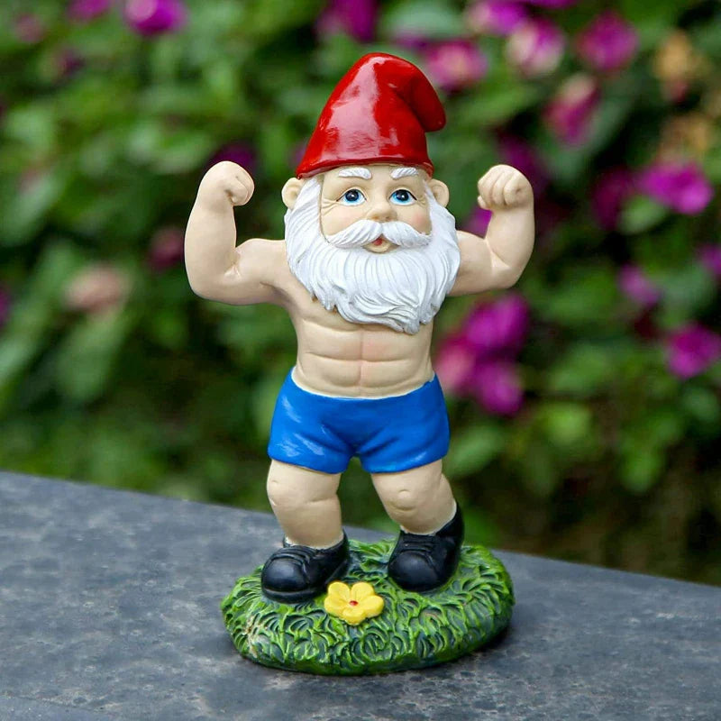 Skanto | Morsom Nisse Figurine laget av Harpiks som Vektløfter for Hagedekorasjon
