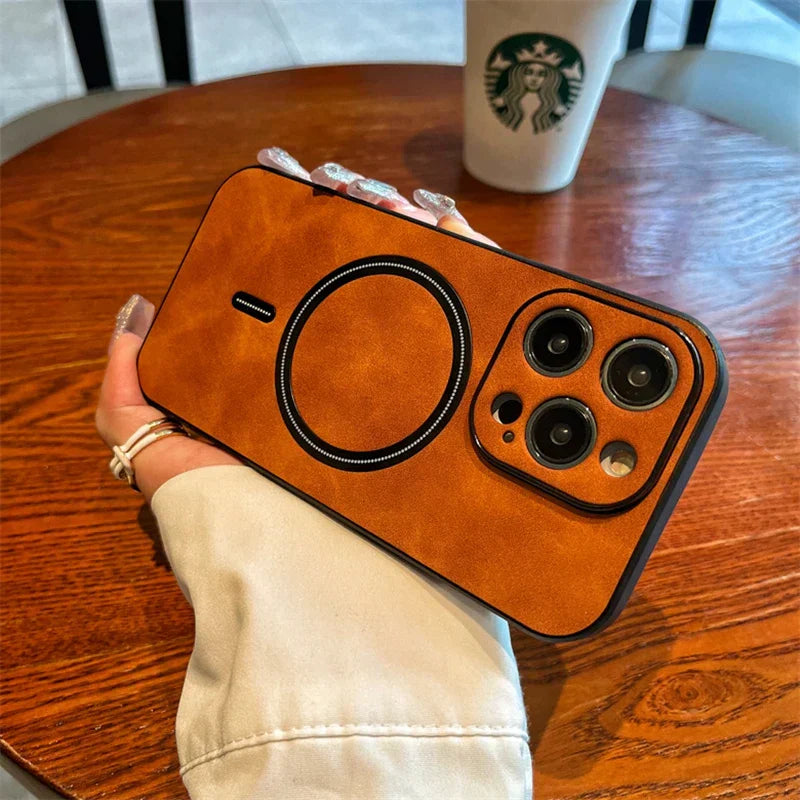 Norvo | Luxury Deer Leather Apple iPhone Case | Magnetisk telefonveske, trådløs veske, MagSafe, trådløs lading, beskyttelsesveske, deksel for iPhone 15, 14, 13 Pro Max Plus