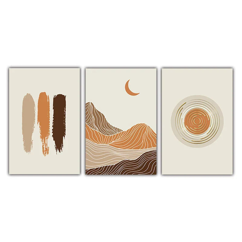 Abstract Geometric Taupe Terracotta Landscape Sun Moon Wall Art Fine Art Canvas Print Pictures For Living Room Bedroom Decor | Skanto