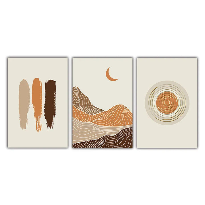 Abstract Geometric Taupe Terracotta Landscape Sun Moon Wall Art Fine Art Canvas Print Pictures For Living Room Bedroom Decor | Skanto