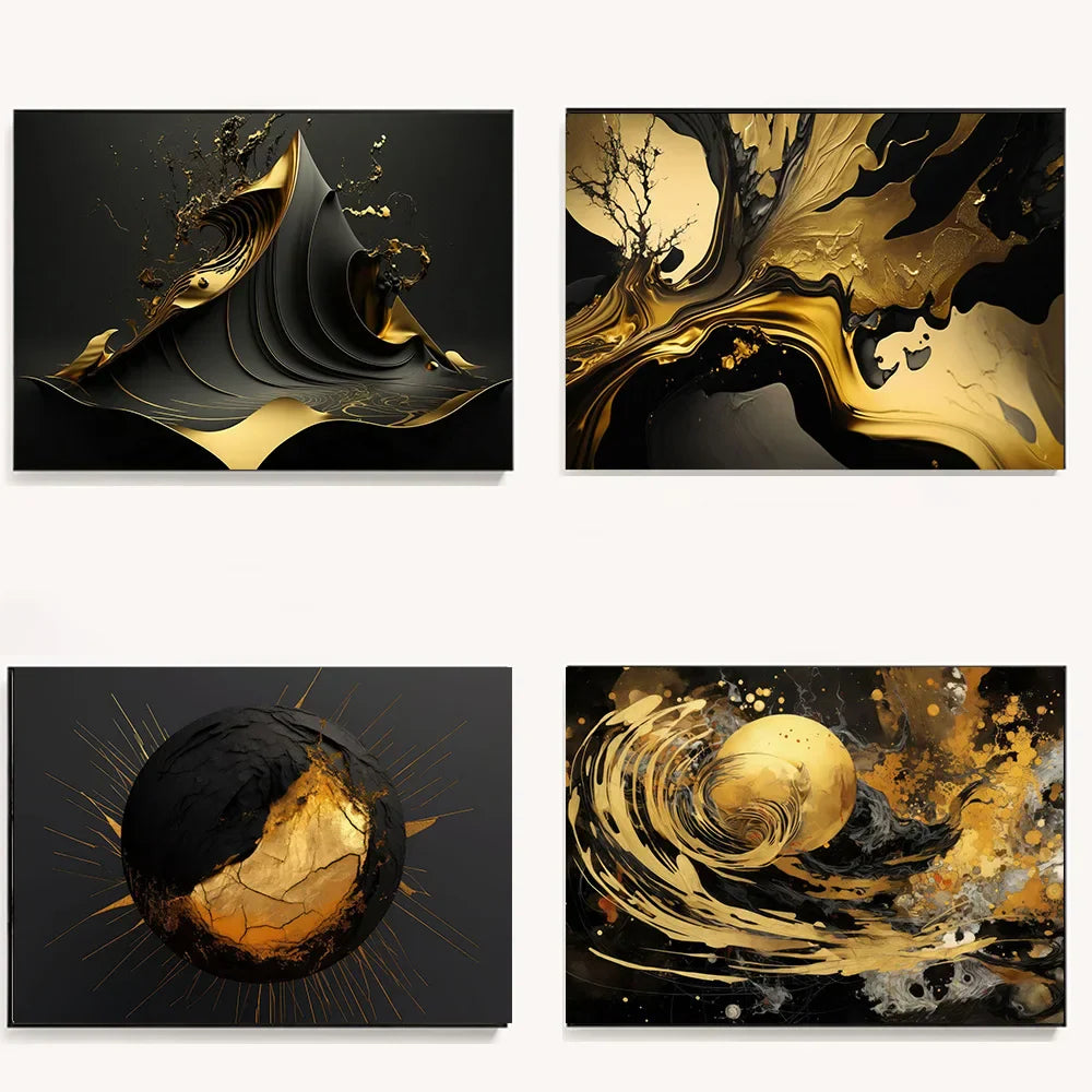 Modern Fluid Geometry Black Gold Abstract Wall Art Fine Art Canvas Prints Pictures For Living Room Dining Room Home Office Decor | Skanto