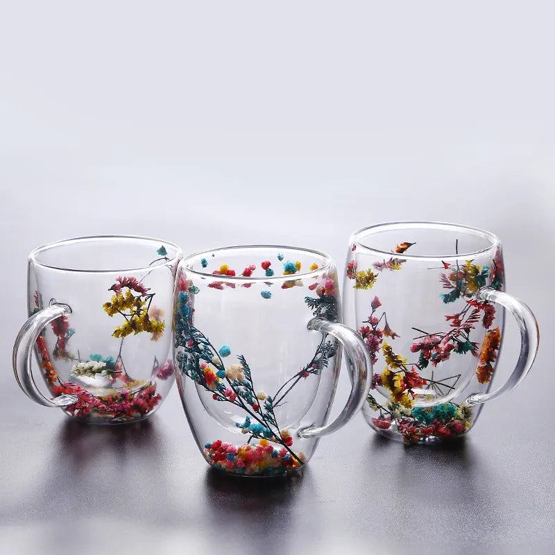 2stk Tørkede Blomster Dobbelveggs Glasskopp