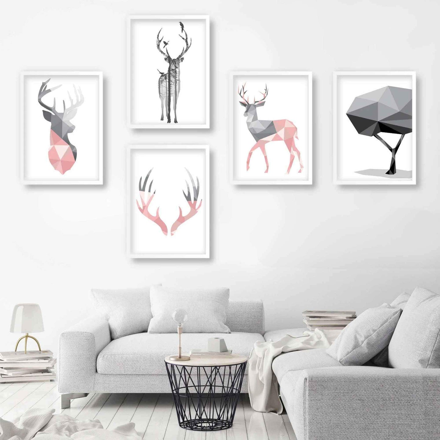 Norvo | Sett med 5 Galleri Veggkunst Skandinavisk Blush Rosa og Grå Kunstutskrifter Hjort Sett Skog Geometriske Veggbilder Plakat Kunstverk