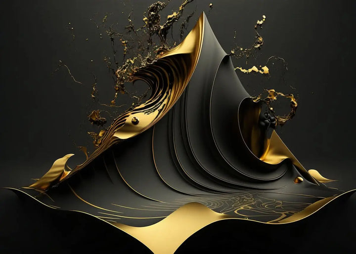 Modern Fluid Geometry Black Gold Abstract Wall Art Fine Art Canvas Prints Pictures For Living Room Dining Room Home Office Decor | Skanto