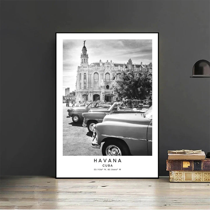 Cuba Havana Black & White Travel Poster Wall Art Fine Art Canvas Print Pictures For Living Room Dining Room | Skanto