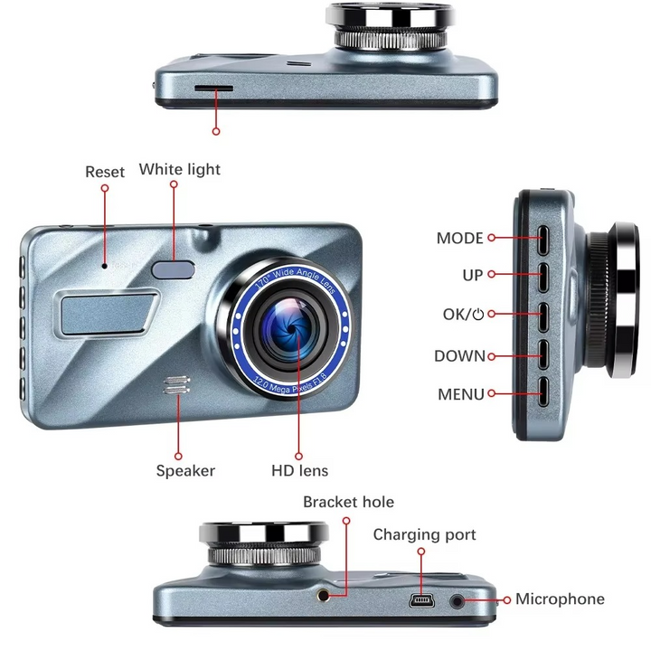 Skanto | 4" Dobbeltlinse Dash Cam med Full HD 1080P, Nattesyn, Front- og Bakvisning, Loopopptak, Aluminiumslegering Svart Boks