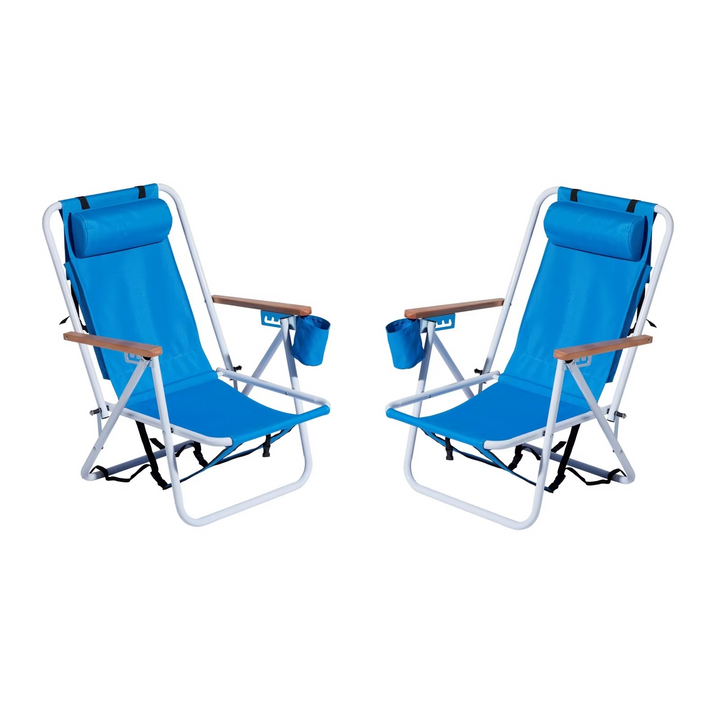 Skanto | 2-Pack Sammenleggbare Høystyrke Strandstoler med Justerbart Hodefter – Blå
