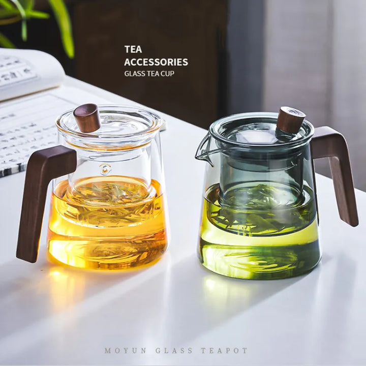 Skanto | GIANXI Retro Glass Teapot Wood Handle Kinesisk Te Seremoni Gjennomsiktig Teutstyr Sett Kopp Filter Høy Bor Silikon Kanne  530ML