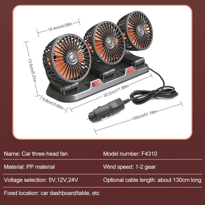 360° Justerbar Bilvifte - 3-Hodet Automotiv Elektrisk Vifte - USB/12V/24V - 2 Hastigheter - Stille Kjøling for Hjem, Skrivebord, Kontor & Bil | Skanto