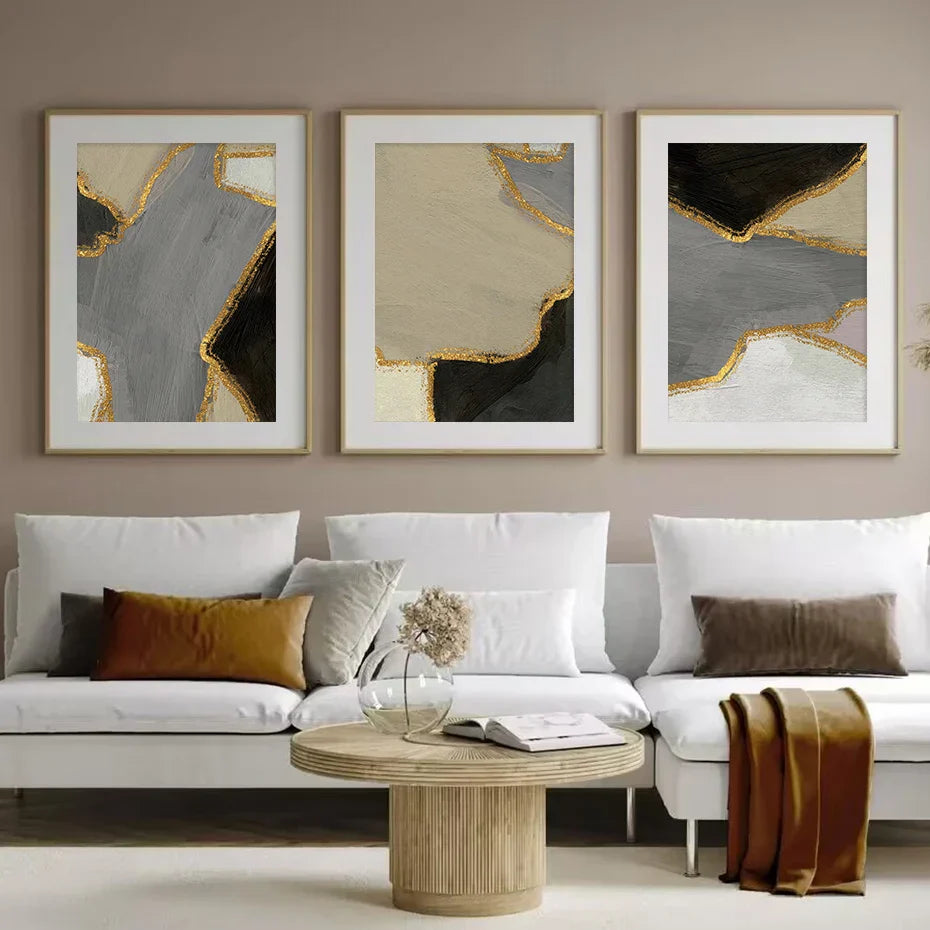 Abstract Color Block Wall Art Black Gray Beige Golden Canvas Print Pictures for Modern Apartment Living Room Contemporary Home Decor | Skanto