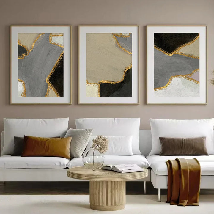 Abstract Color Block Wall Art Black Gray Beige Golden Canvas Print Pictures for Modern Apartment Living Room Contemporary Home Decor | Skanto