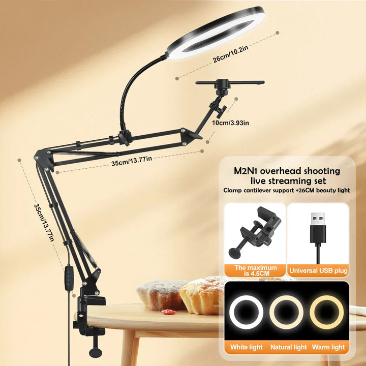 Skanto | LumiFlex LED-Ringlampe med fleksibel arm & telefonholder | 3 lysfarger & USB-port | Perfekt for livestream, video & selfie
