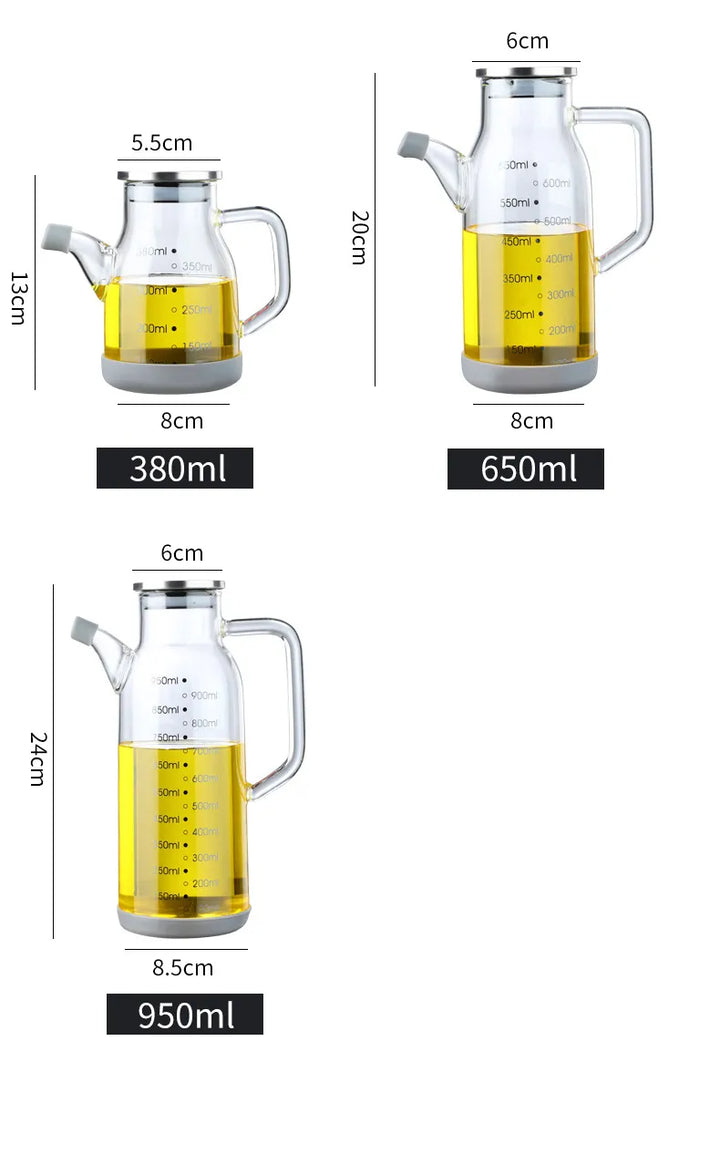 Måleskala i glass, oljedispenser, flaske