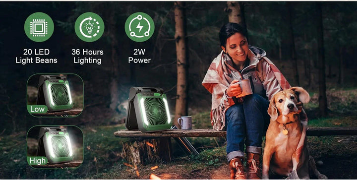 20000mAh Bærbar Elektrisk Vifte med LED Lys — USB, Sol & Bil Lading for Camping | Skanto