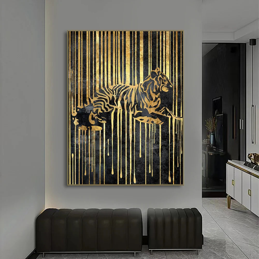Modern Abstract Golden Zebra Lines Lion Elephant Tiger Wall Art Fine Art Canvas Prints Pictures for Luxury Apartment Living Room Dining Room Art Decor | Skanto