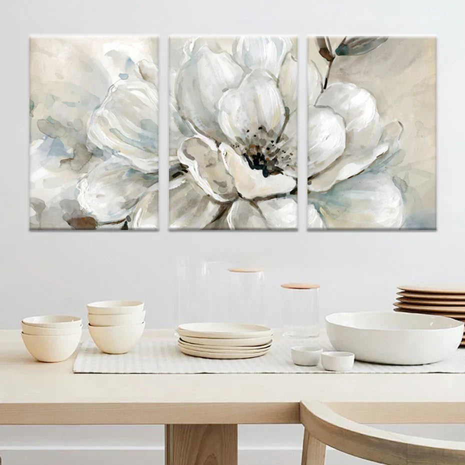 Large Beige White Floral Wall Art Fine Art Canvas Prints Modern Botanical Pictures for Living Room Dining Room Bedroom Art Decor | Skanto