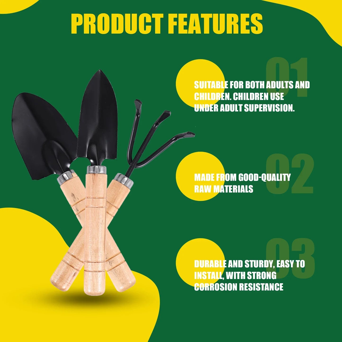 Norvo | Planturio Mini Hageverktøysett 3-delt | Spade, Spade & Rive | Trehåndtak & Metallhode | For Bonsai & Stueplanter