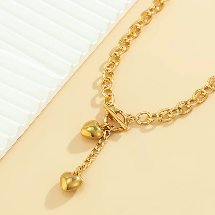 Skanto | Bold Chunky Chain Link Dual Heart Lariat Halskjede & Armbånd