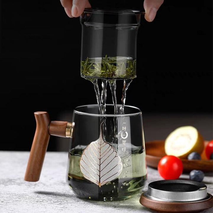 Premium Glass Tea Cup with Filter and Wooden Handle, 470ml | Skanto