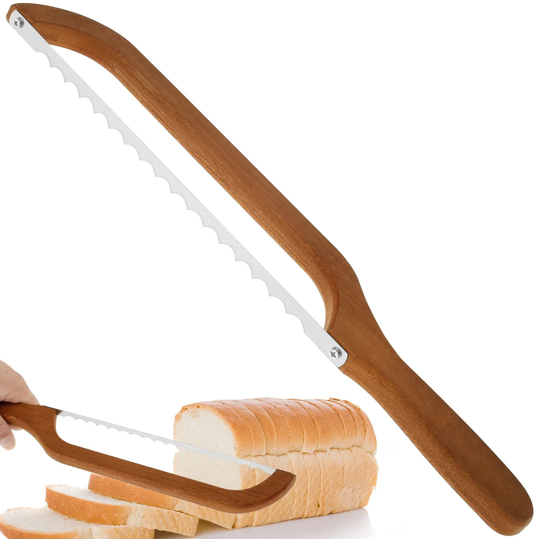 Skanto | Brødbue-Sneider – Tannet rustfritt stål Bagel- & surdeigsneider, bærbart kutteverktøy med bambushåndtak