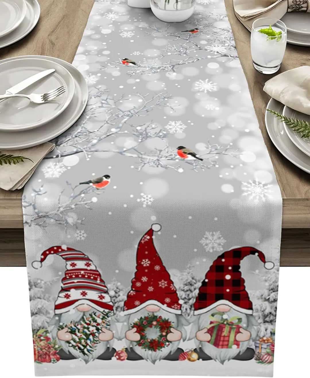 Skanto | SnowGnome Julebordløper – Luxe Linning Bordløper med Snøfnugg og Nisse Design