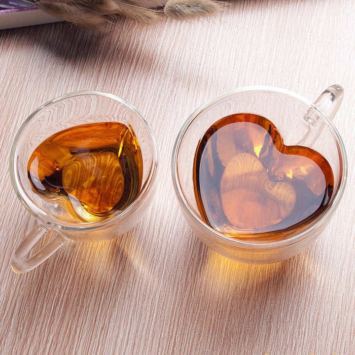 Skanto | Hjerte Kjærlighet Form Glass Krus Dobbeltveggede Kaffe Kopper Isolerte Te Melk Sitron Juice Vann Kop Varmeresistent Drikkeutstyr Elske Gave