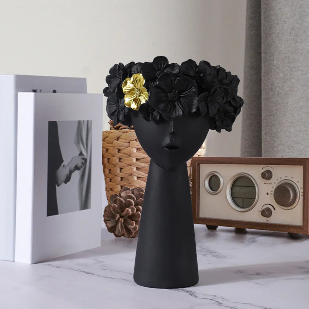 Skanto | Nordic Girl Hode Blomst Harpiks Vase Statue Blomster Vaser for Kontor Skrivebord Tørkede Blomster Ornamenter Dekor Beholder