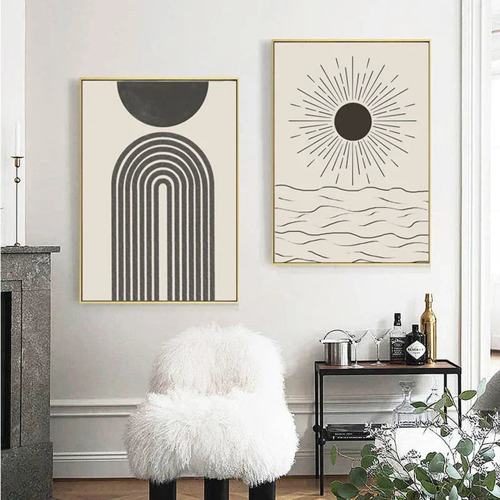Sun Sea Circle Minimalist Line Art Black White Wall Art Fine Art Canvas Prints Pictures For Modern Living Room Bedroom Home Decor | Skanto