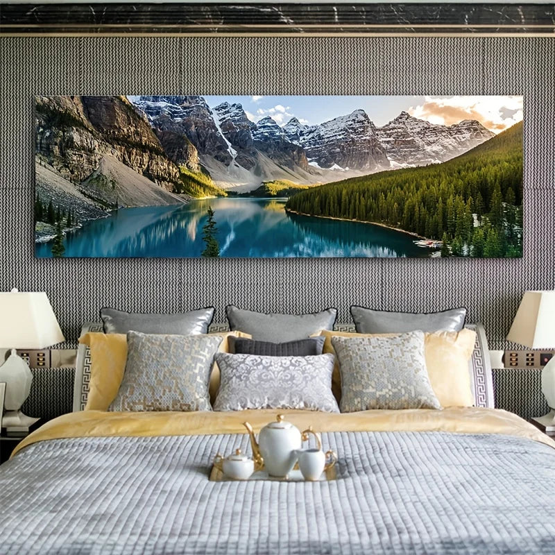 Mountain Lake Forest Wilderness Wall Art Large Format Canvas Prints Wide Landscape Above Sofa or Bed | Skanto