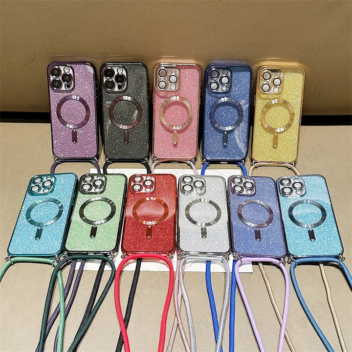 Luksus MagSafe Glitter Crossbody Stroppetui For iPhone 13 Elektroplaterte Trådløse Lade TPU Bakre Lanyard Deksel