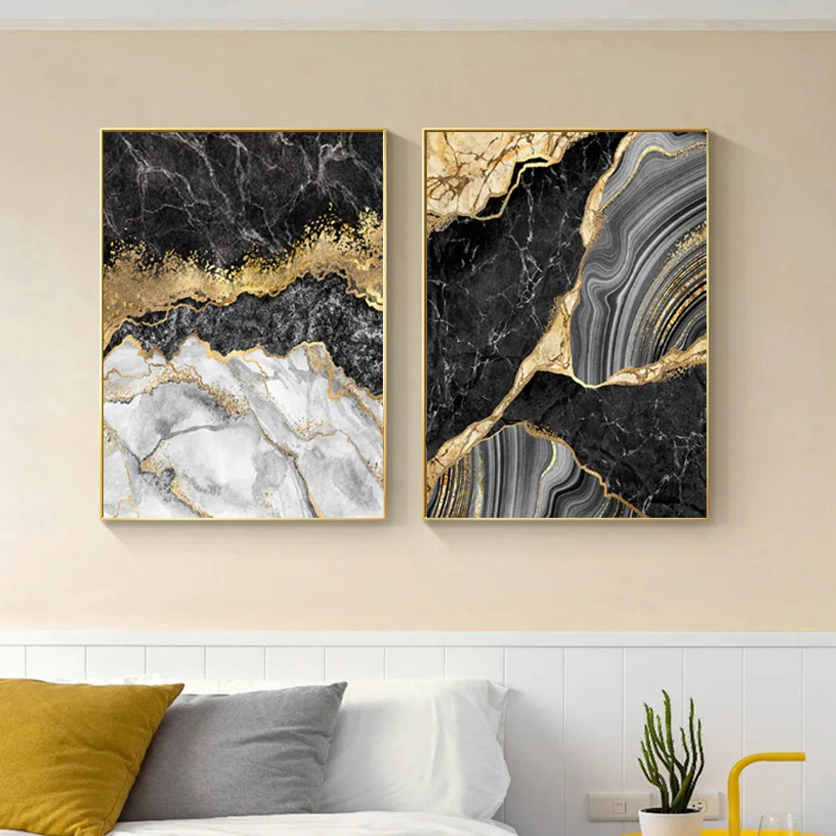Modern Abstract Black Gray Gold Geode Marble Print Wall Art Fine Art Canvas Print Pictures For Luxury Apartment Living Room Home Office Decor | Skanto