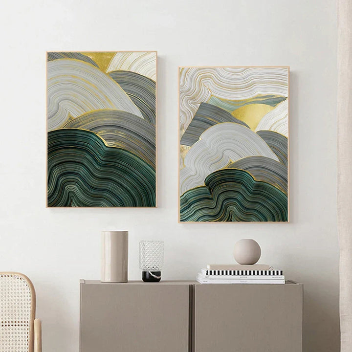 Green Beige Gray Fluid Swirls Abstract Wall Art Fine Art Canvas Prints Pictures For Modern Apartment Dining Room Living Room Art Decor | Skanto