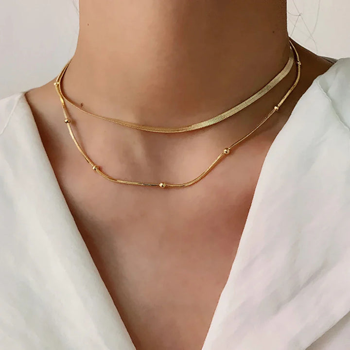 Skanto | 14k Herringbone & Satellite Chain Necklace Stack