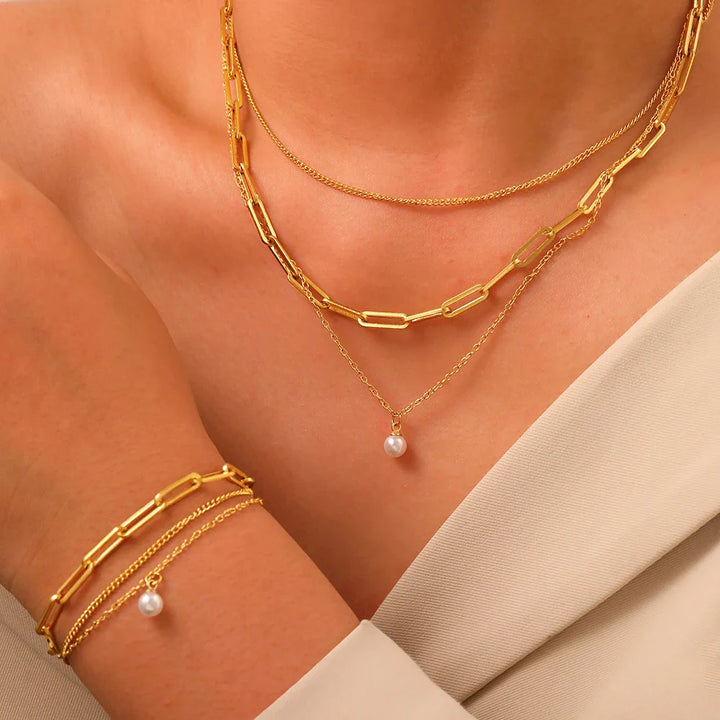 Skanto | Paperclip & Curb Chain Delikat Perle Armbånd og Halskjede Stabelsett