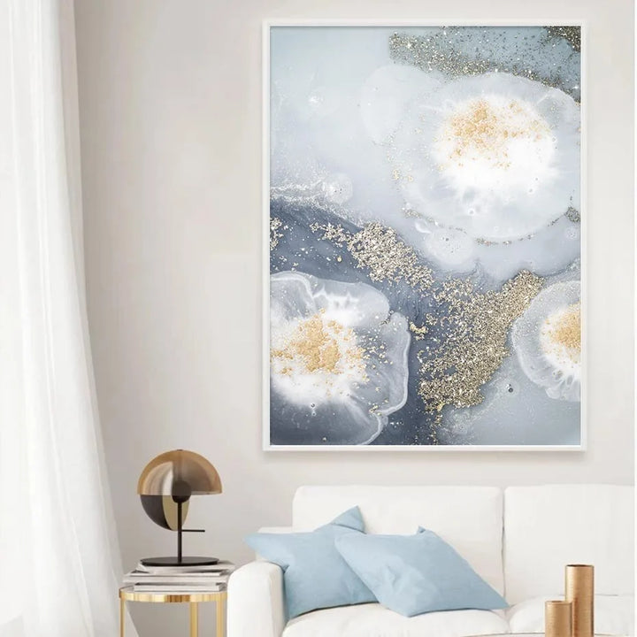Blue White Golden Abstract Floral Wall Art Fine Art Canvas Prints Poster Picture For Modern Living Room Bedroom Nordic Home Decor | Skanto