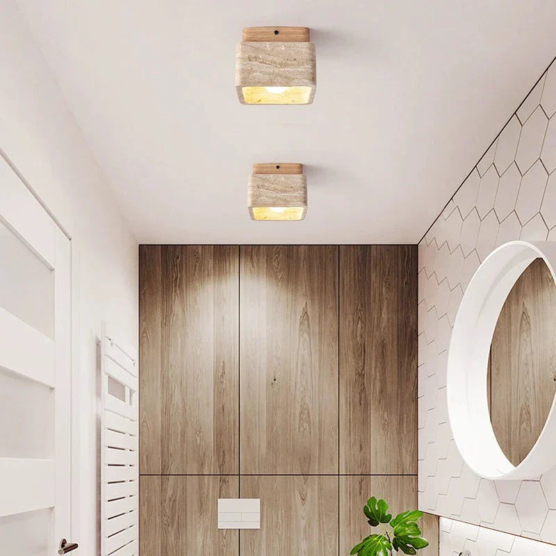 Skanto | Firkantet Travertin & Tre LED Taklampe