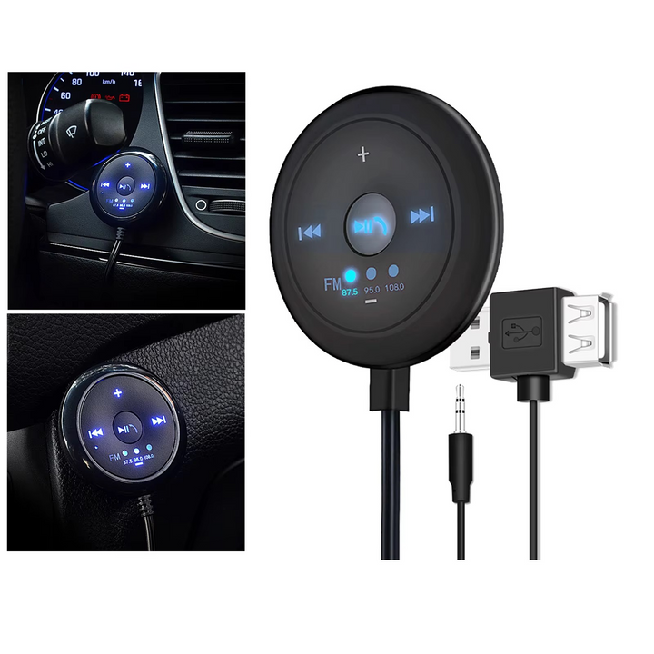 Skanto | 2-i-1 Bluetooth 5.0 Bilspiller med FM-sender, AUX-inngang, 500mAh batteri, 5V inngang, kompatibel med telefoner og nettbrett
