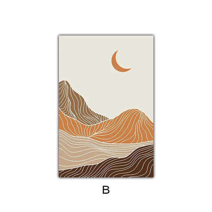 Abstract Geometric Taupe Terracotta Landscape Sun Moon Wall Art Fine Art Canvas Print Pictures For Living Room Bedroom Decor | Skanto