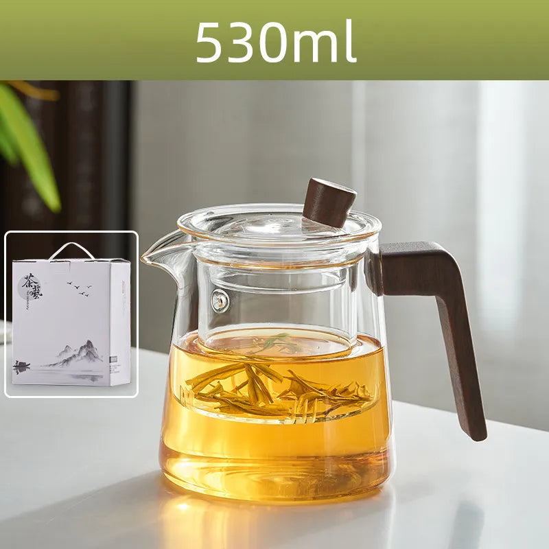Skanto | GIANXI Retro Glass Teapot Wood Handle Kinesisk Te Seremoni Gjennomsiktig Teutstyr Sett Kopp Filter Høy Bor Silikon Kanne  530ML